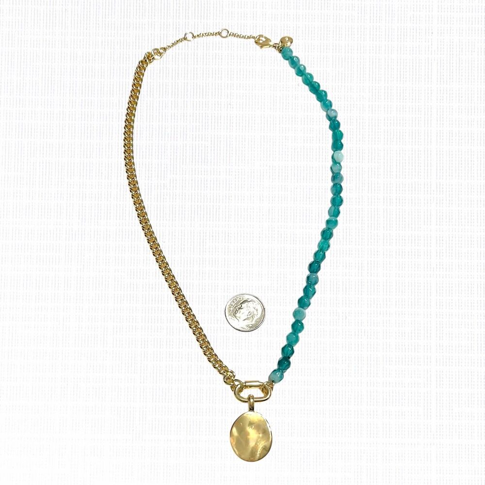J Crew Half Beaded Chain Necklace Coin Pendant Green Gold Tone Oval Dangle - Picture 3 of 7